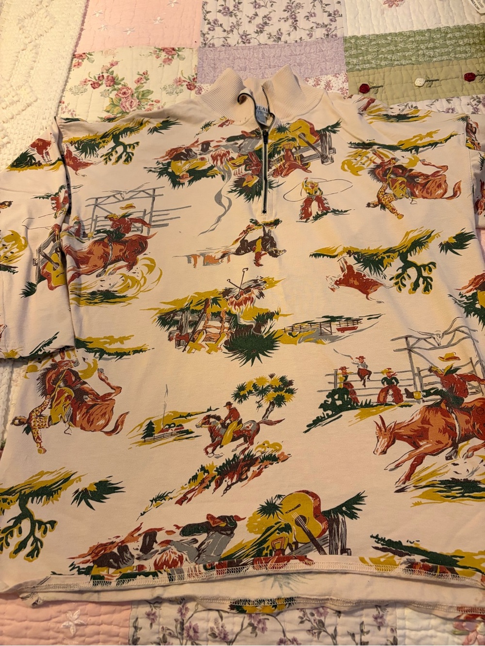 Vintage women's  Western Print Half-Zip Shirt - Cream with Multi-Color Print